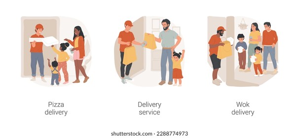 Food delivery isolated cartoon vector illustration set. Courier in uniform gives a pizza boxes to kids, wok delivery service, noodle boxes, bag with food, restaurant meal at home vector cartoon.