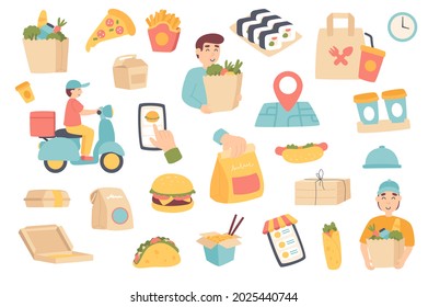 Food delivery isolated objects set. Collection of courier, customer with grocery bag, pizza, hamburger, sushi, coffee, mobile app and tracking. Vector illustration of design elements in flat cartoon