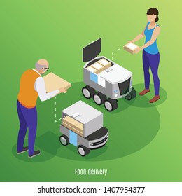 Food delivery isometric background with people loading boxes with pizza and sushi into self drive robotic cars  vector illustration