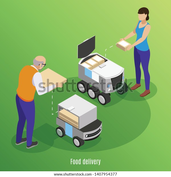 Food delivery isometric background with
people loading boxes with pizza and sushi into self drive robotic
cars  vector illustration