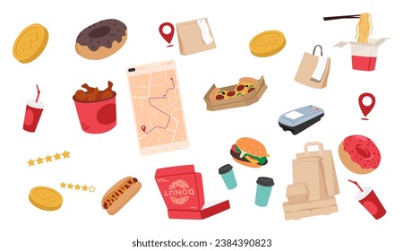 Food Delivery Items Set. Money, Pos Terminal, Fastfood and Drinks, Insulated Bags, Containers, Utensils, And Condiment Packets, Ensuring Food Arrives Fresh And Complete. Cartoon Vector Illustration