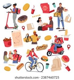 Food Delivery Items and Workers. Couriers Riding Scooter, Bicycle, or Bike, Paper Packs, Fast Food Meals, City Map, Cups and Pizza or Burger with Hot Dog Isolated Elements. Cartoon Vector Illustration