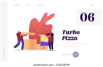 Food Delivery Landing Page Template. Workers Packing and Delivering Pizza Boxes to Customers. Restaurant Shipping Service. Male Characters in Uniform with Packages. Cartoon People Vector Illustration