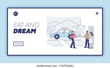 Food delivery landing page template with cartoon courier boy deliver pizza to client. Express pizza delivery service concept. Template website background, linear vector illustration