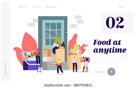 Food Delivery Landing Page Template. Couriers Characters Stand at Door with Paper Bags full of Grocery and Cooked Meal Products. Cafe or Store Shipping Service. Cartoon People Vector Illustration