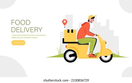 Food delivery landing page template. Fast and free delivery by scooter. Vector illustration.