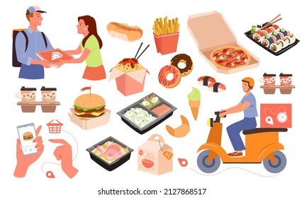 Food delivery lettering, catering service set vector illustration. fastfood order, collection with ice cream coffee pizza noodles donuts french fries hotdog baguette isolated on white