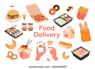 Food delivery lettering, fastfood order menu set, ice cream coffee pizza noodles hotdog