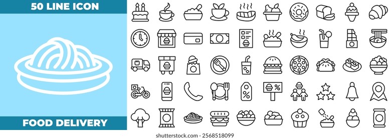 Food Delivery Line Editable Icons set. Vector illustration in modern thin line style of food delivery icons: food, restaurant, fast food, scooter, application, deliver, etc