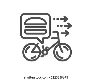 Food delivery line icon. Bike courier sign. Catering service symbol. Quality design element. Linear style food delivery icon. Editable stroke. Vector