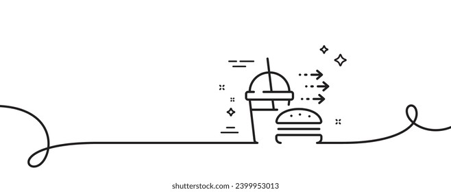 Icono de línea de entrega de alimentos. Una línea continua con curl. Hamburguesa de queso con un signo de bebida suave. Símbolo del servicio de restauración. Cinta única de distribución de alimentos. Patrón de curva de bucle. Vector