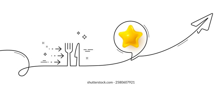 Food delivery line icon. Continuous line with share plane. Restaurant order sign. Catering service symbol. 3d star in speech bubble. Food delivery single line ribbon. Loop curve pattern. Vector