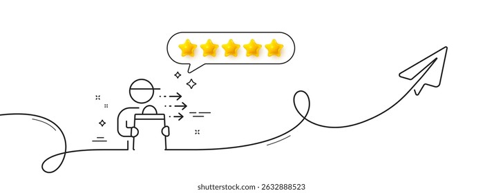 Food delivery line icon. Continuous line with share plane. Courier with order sign. Catering service symbol. Five star rate review in speech bubble. Food delivery single line ribbon. Vector