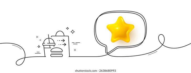 Food delivery line icon. Continuous line with 3d star. Cheeseburger with Soft drink sign. Catering service symbol. 3d star in speech bubble. Food delivery single line ribbon. Vector