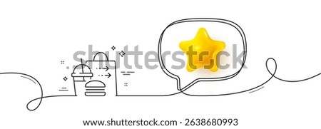 Food delivery line icon. Continuous line with 3d star. Cheeseburger with Soft drink sign. Catering service symbol. 3d star in speech bubble. Food delivery single line ribbon. Vector