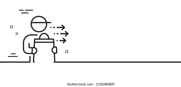 Food delivery line icon. Courier with order sign. Catering service symbol. Minimal line illustration background. Food delivery line icon pattern banner. White web template concept. Vector