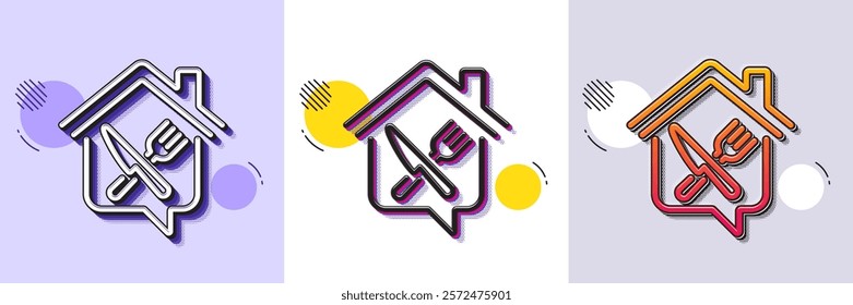 Food delivery line icon. Halftone dotted pattern. Gradient icon with grain shadow. Meal order at home sign. House food deliver symbol. Line food delivery icon. Various designs. Vector