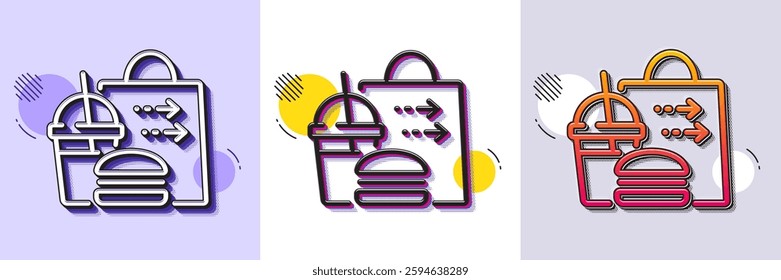 Food delivery line icon. Halftone dotted pattern. Gradient icon with grain shadow. Cheeseburger with Soft drink sign. Catering service symbol. Line food delivery icon. Various designs. Vector