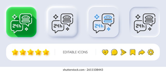 Food delivery line icon. Neumorphic, Flat shadow, 3d buttons. Fast food service sign. 24 hours meal order symbol. Line food delivery icon. Social media icons. Vector