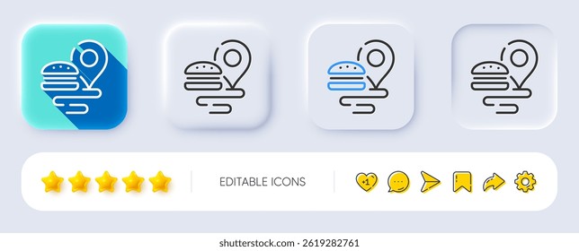 Food delivery line icon. Neumorphic, Flat shadow, 3d buttons. Location map pin sign. Fast food service symbol. Line food delivery icon. Social media icons. Vector