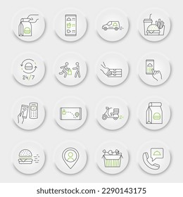 Food delivery line icon set, fast food symbols collection, vector sketches, neumorphic UI UX buttons, food delivery service icons, fast delivery signs linear pictograms