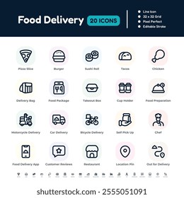 Food Delivery Line Icon Set – Pixel Perfect Editable Stroke Vector Design