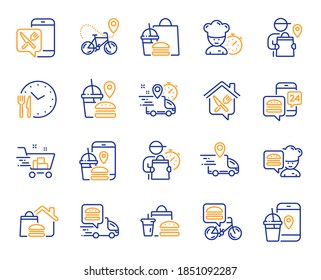 Food delivery line icons. Courier, Deliveryman, Grocery retail. Delivery truck, meal bag, home food order icons. Cart deliver, contactless service, courier location. Fast food package. Vector