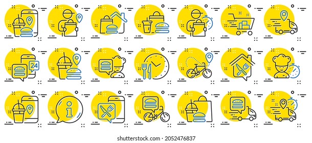 Food delivery line icons. Courier, Deliveryman, Grocery retail. Delivery truck, meal bag, home food order icons. Cart deliver, contactless service, courier location. Fast food package. Vector