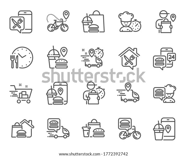 Food\
delivery line icons. Courier, Deliveryman, Grocery retail. Delivery\
truck, meal bag, home food order icons. Cart deliver, contactless\
service, courier location. Fast food package.\
Vector
