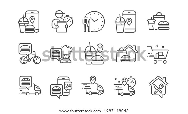 Food\
delivery line icons. Courier, Deliveryman, Grocery retail. Delivery\
truck, meal bag, home food order icons. Cart deliver, contactless\
service, courier location. Fast food package.\
Vector