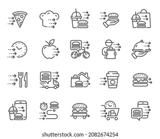 Food delivery line icons. Online order, Eat pizza, Fast grocery service. Home delivery, Burger or cheeseburger, Courier with food outline icons. Smartphone order, Coffee deliver, Apple fruit. Vector