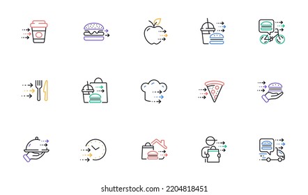 Food delivery line icons. Online order, Eat pizza, Fast grocery service. Home delivery, Burger or cheeseburger, Courier with food outline icons. Smartphone order, Coffee deliver, Apple fruit. Vector