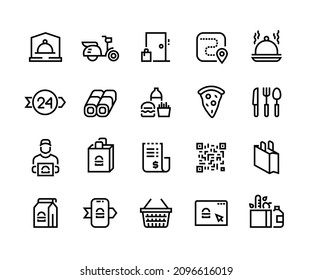 Food delivery line icons. Outline restaurant cafe and supermarket food order and delivery pictograms. Vector editable line stroke set