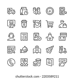 Food delivery line icons. Outline symbols. Vector line icons set