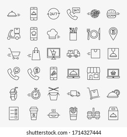 Food Delivery Line Icons Set. Vector Thin Outline Cafe Menu Symbols.