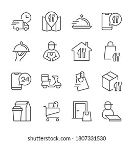 Food delivery line icons set. Editable stroke