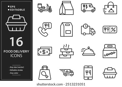 Food Delivery line icons set. Parcel delivery symbols outline icons collection. Delivery methods, courier, order tracking, box, parcel protection - stock vector.