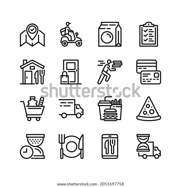Food delivery line icons. Set of outline\
symbols, simple graphic elements, modern linear style black\
pictograms collection. Vector line icons\
set