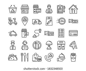 Food delivery line icons. Vector illustration included icon. Line icon set of food delivery services elements. Chef cooking. 64x64 Pixel Perfect. vector illustration.