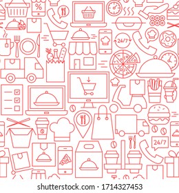 Food Delivery Line Seamless Pattern. Vector Illustration of Outline Background.