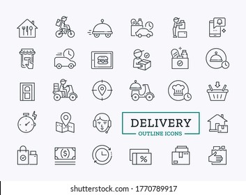 Food delivery linear icons. Vector abstract symbol design of online order, scooter man, courier, bicycle deliverer for website