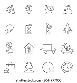 Food delivery linear vector icons isolated on white background. Web design, mobile app. Premium pack of icons in trendy style.