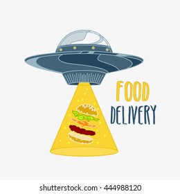 Food delivery logo colorful.UFO space ship steals burger. Vector illustration