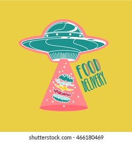 Food delivery logo colorful.UFO space ship steals burger. Vector illustration