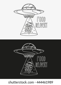 Food delivery logo.UFO space ship steals burger. Vector illustration