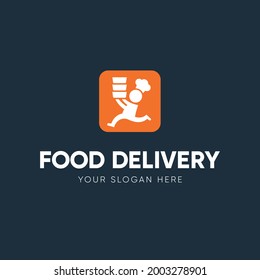 Food delivery logo template. Chef running with meal boxes icon. Vector illustration.