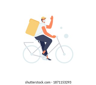Food delivery male courier on a bicycle in a protective mask. Vector illustration