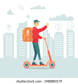 Food delivery man with backpack riding electric scooter in big city