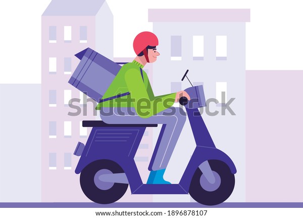 Food delivery man with bag riding a\
bike on city street. Flat design illustration.\
Vector