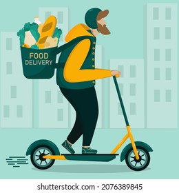 Food delivery. A man with a beard on a scooter transports goods. Bright illustration in yellow and green colors. Vector illustration